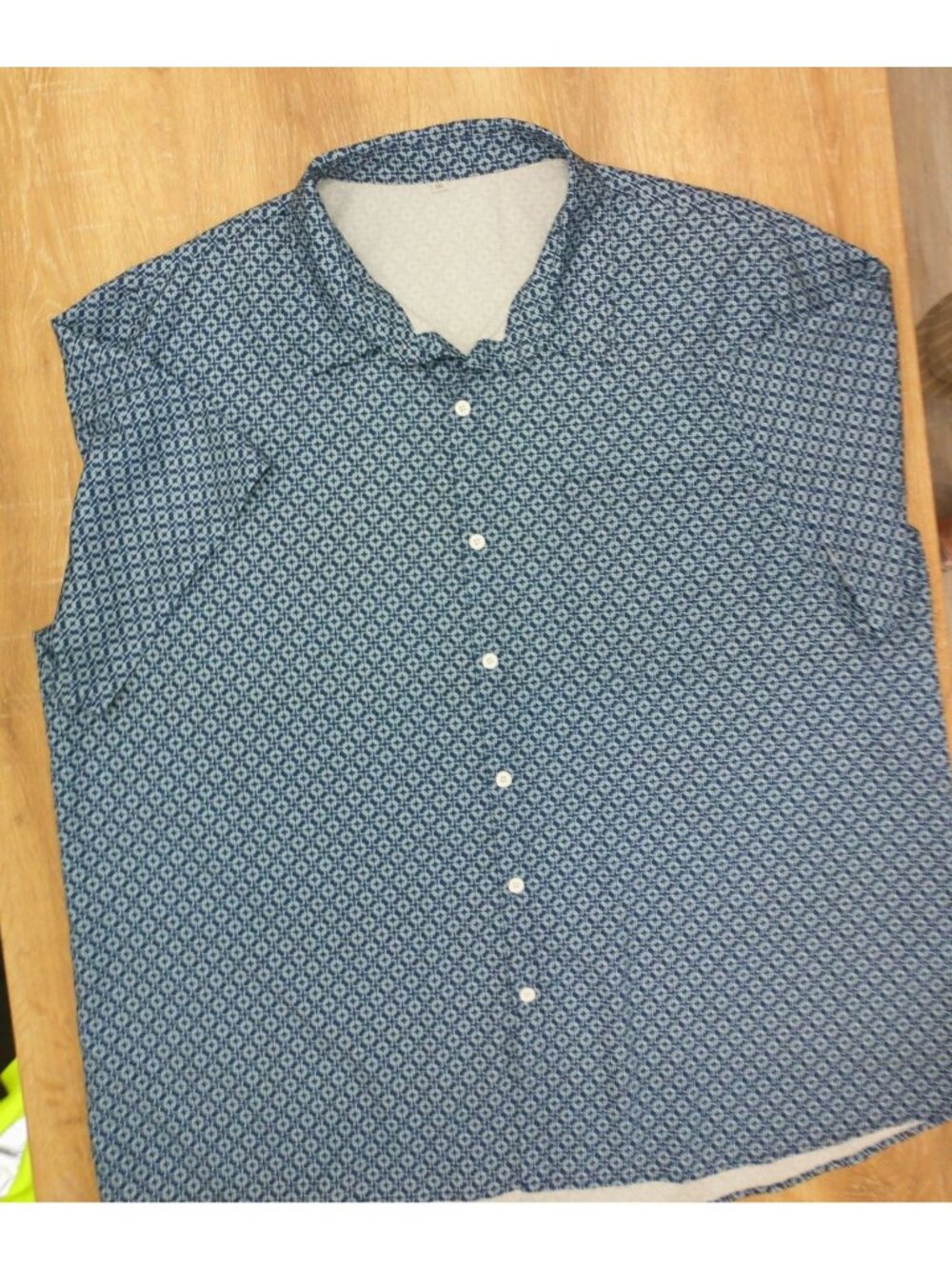 Short-Sleeve Blue Geometric Button-Up Shirt 3XL Lightweight Casual Mens Wear